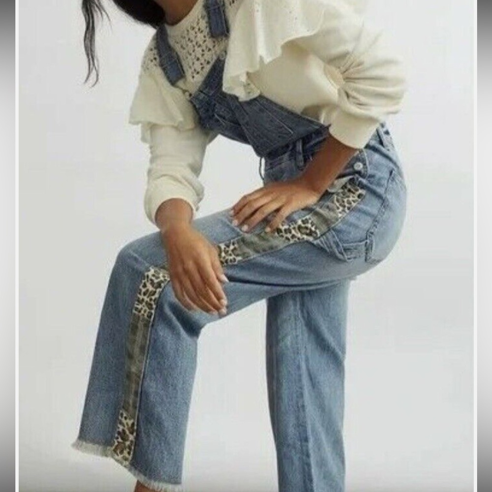 Anthropologie Pilcro Lex Distressed Denim Overalls Leopard/Camo Side Trim